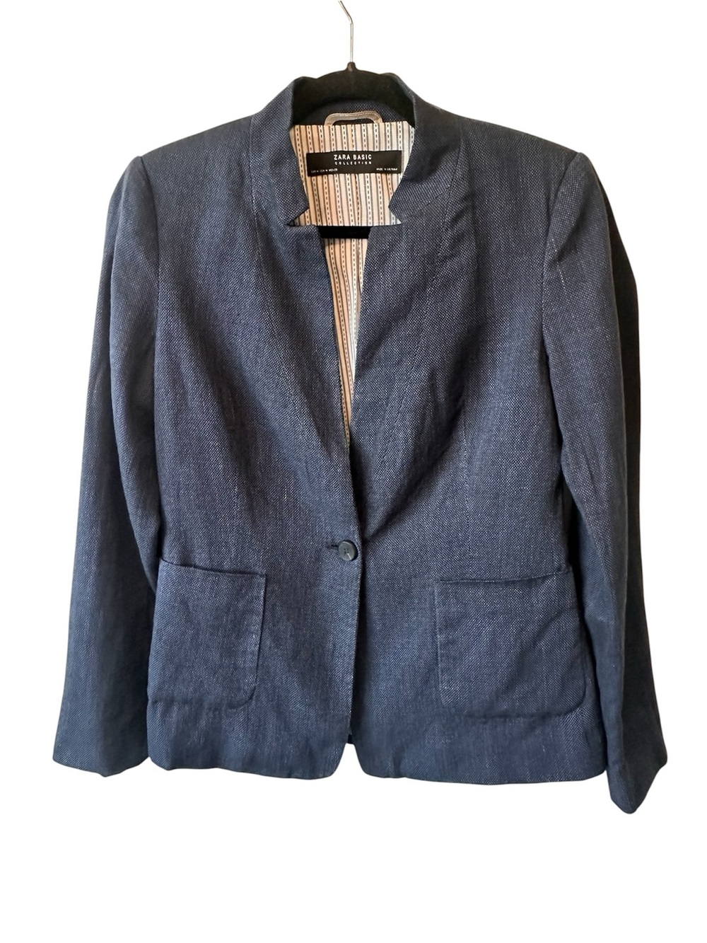 Zara Basic Linen Cotton Blazer Navy Blue Notched Collar One-Button Women’s M